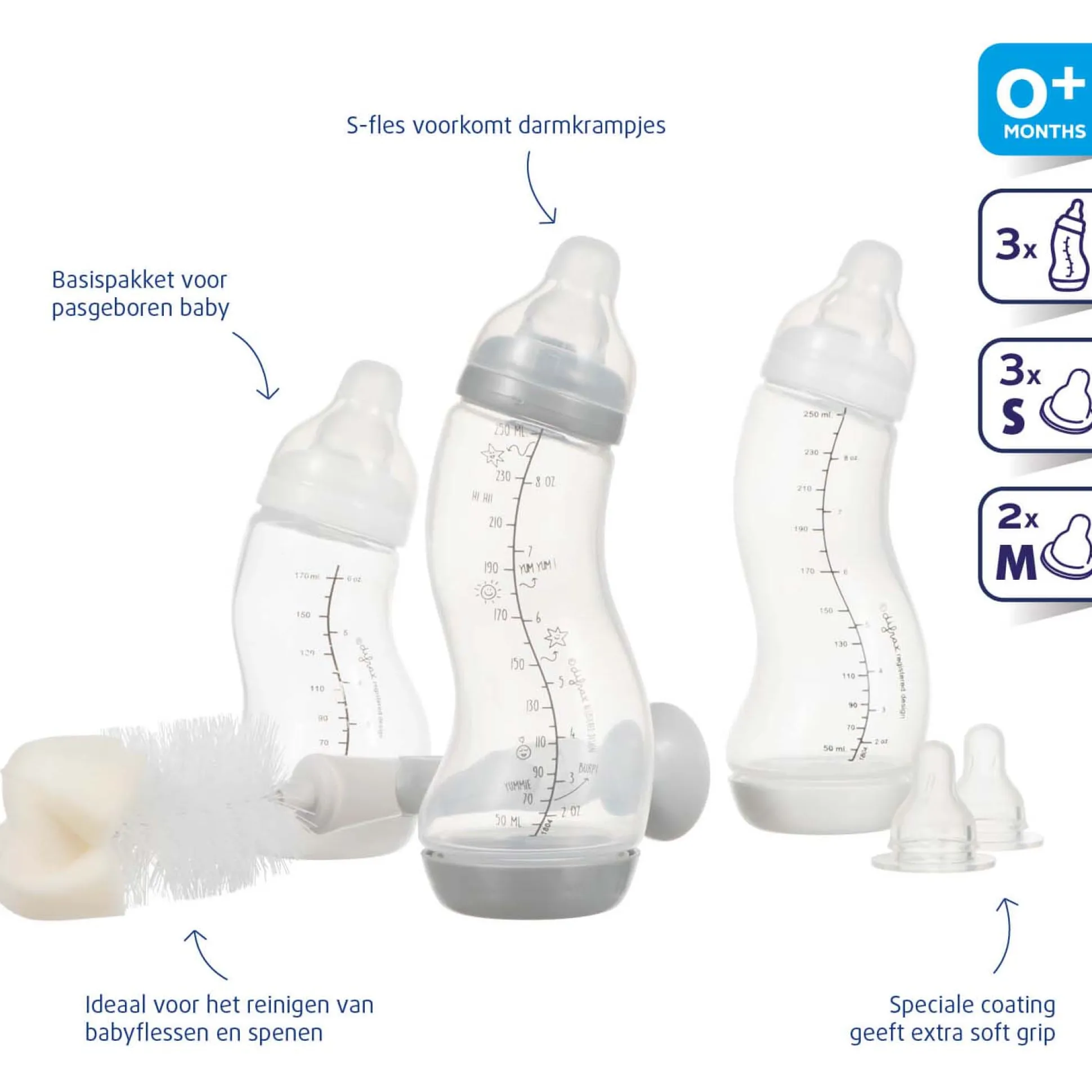 Difrax startersset S-flessen met borstel grijs