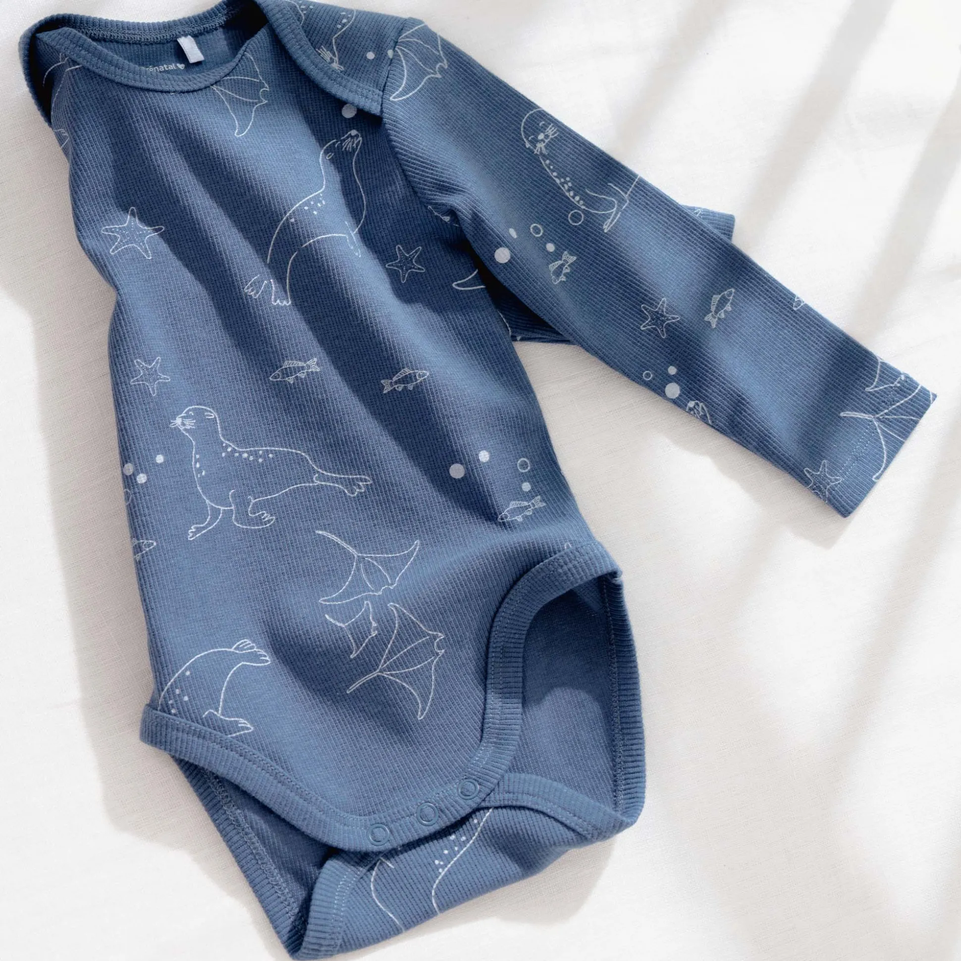 Prénatal romper zeehond rib lange mouwen all over print blauw