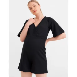 Prénatal zwangerschapsjumpsuit korte mouwen effen zwart