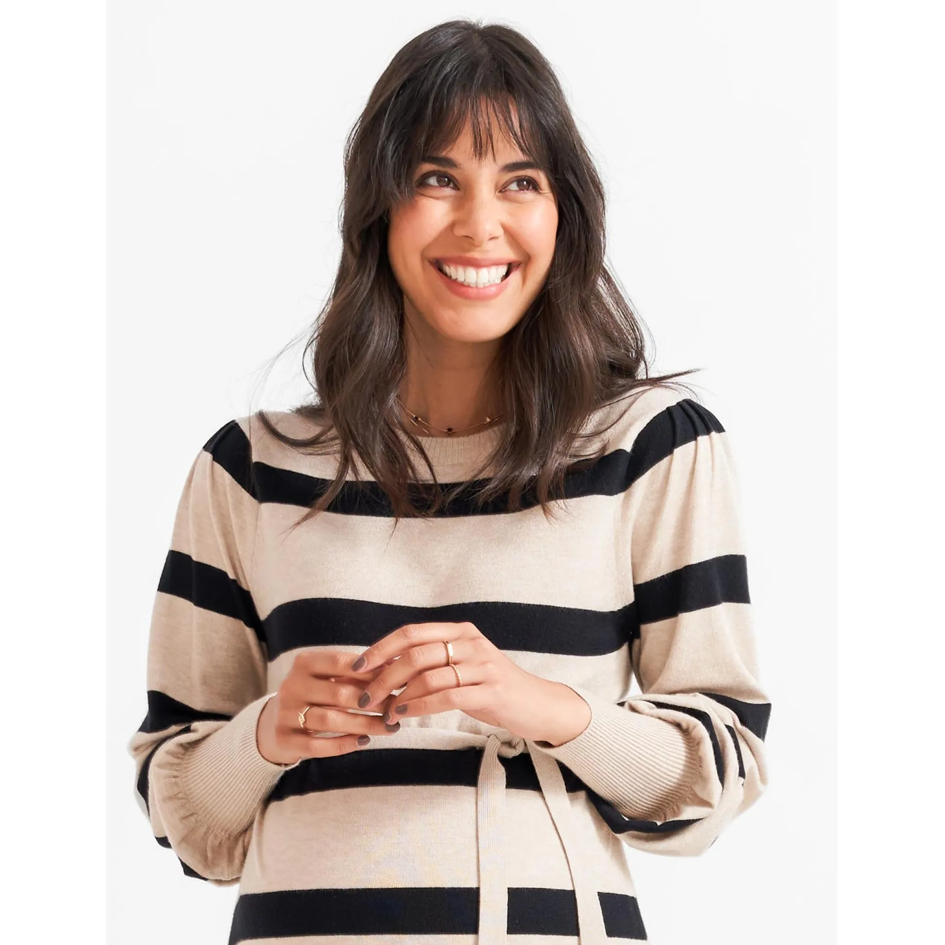 Prénatal zwangerschapsjurk lange mouwen strepen beige