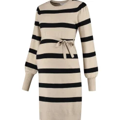 Prénatal zwangerschapsjurk lange mouwen strepen beige