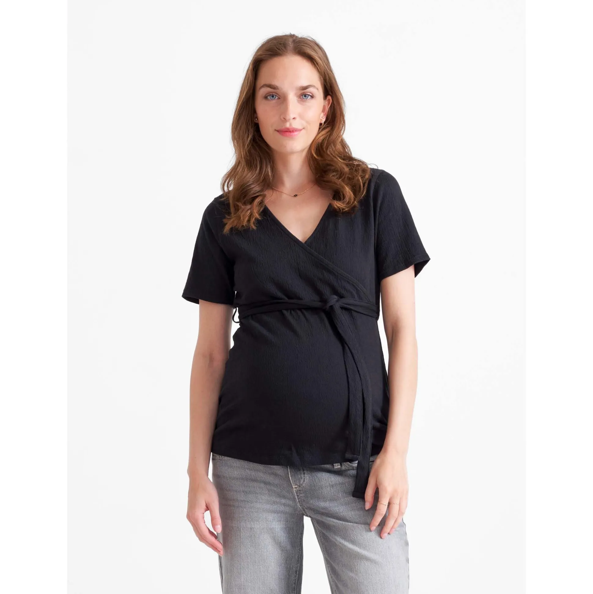 Prénatal zwangerschapstop korte mouwen effen zwart